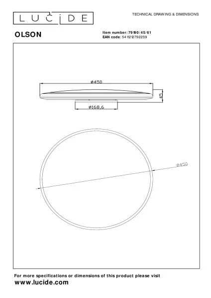 Lucide OLSON - Plafonnier - Ø 45 cm - LED Dim. - CCT - 1x45W 3000K/6500K - Opalin - technique